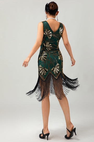 Green Golden Sequin V Neck Bodycon 1920s Flapper Dress with Tassles